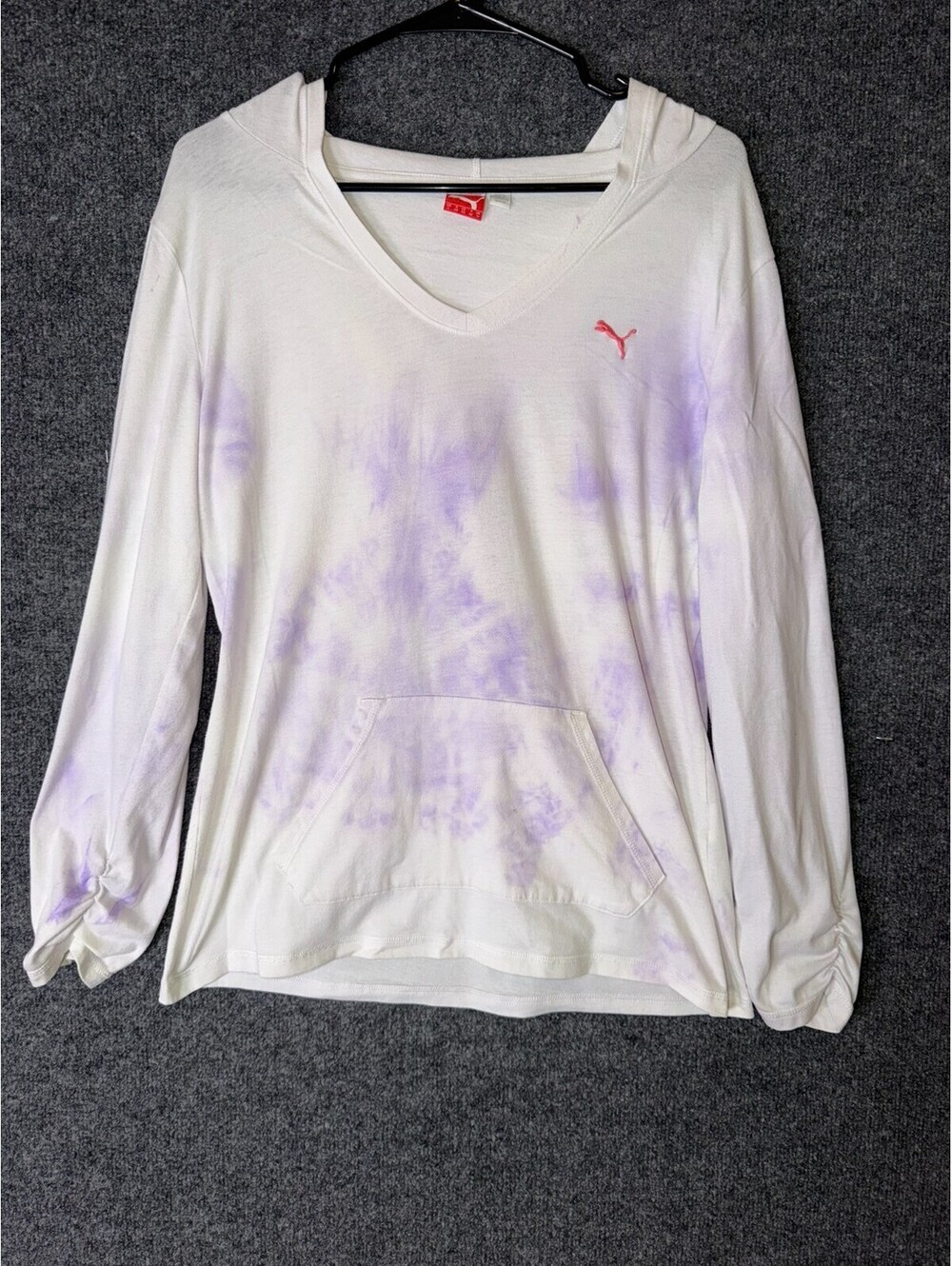 Puma Womens L Hoodie Shirt Long Sleeve Tie Dye Purple White V-Neck Lightweight